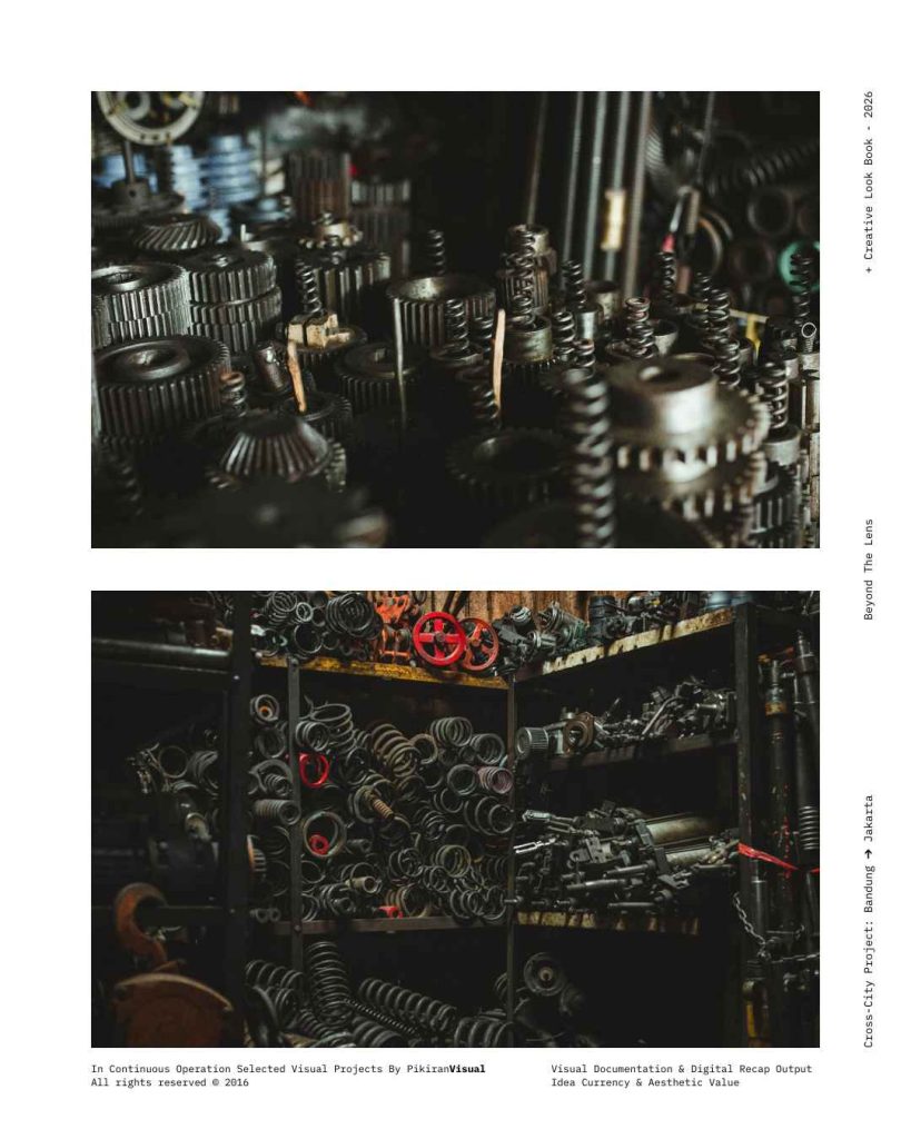 Detail gerigi berkarat dan mesin tua di Pasar Jatayu Bandung hasil foto PikiranVisual.