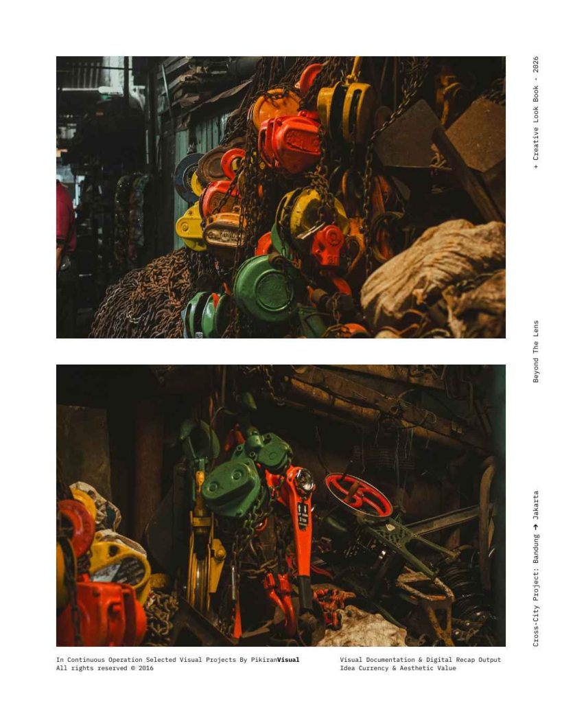 Detail gerigi berkarat dan mesin tua di Pasar Jatayu Bandung hasil foto PikiranVisual.